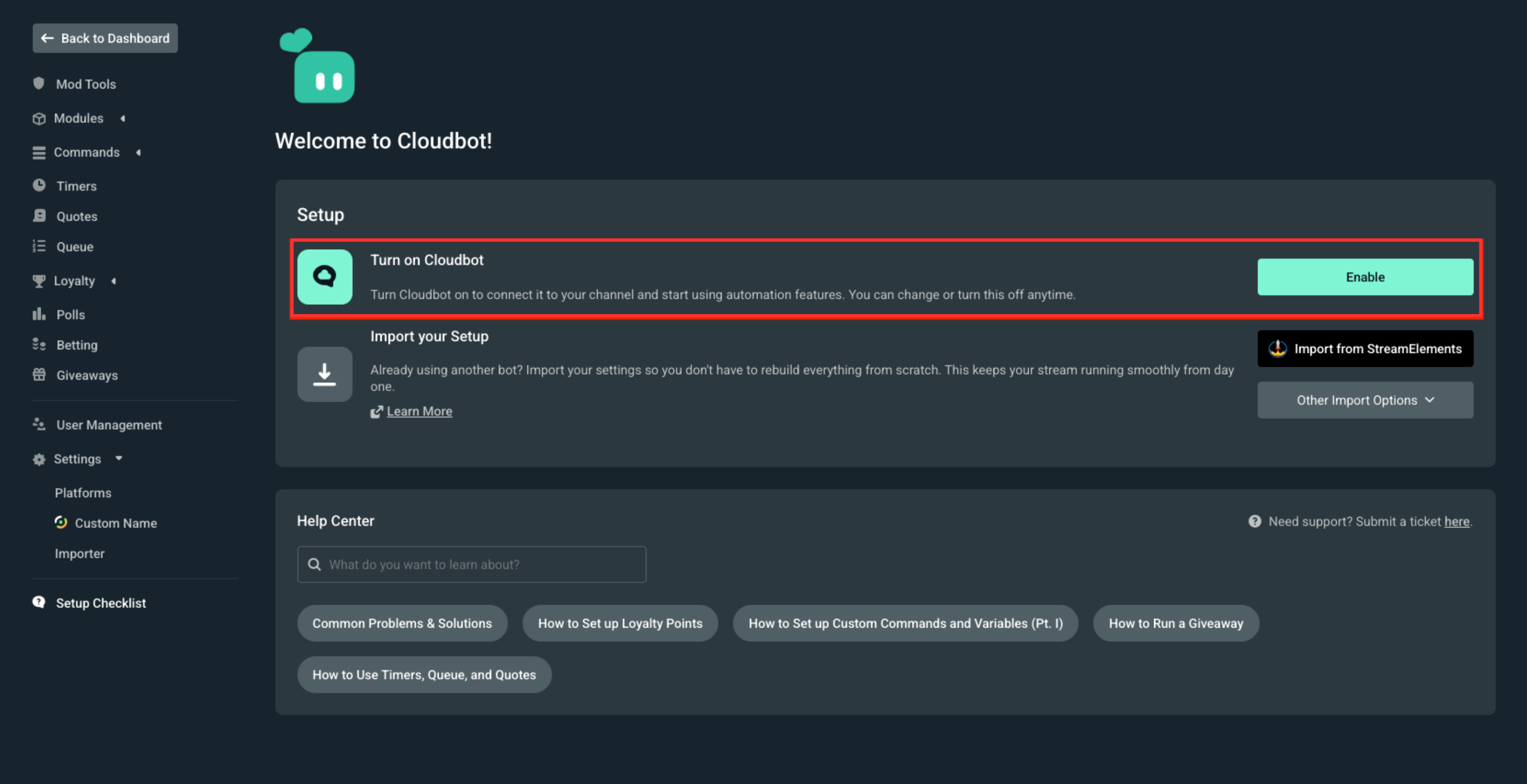 Main page for Cloudbot settings, with the Enable button and importer options